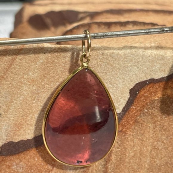 6CT Natural Purplish Fuschia Tourmaline Pear Shape 14K Yellow Gold Pendant 25mm - Picture 1 of 6